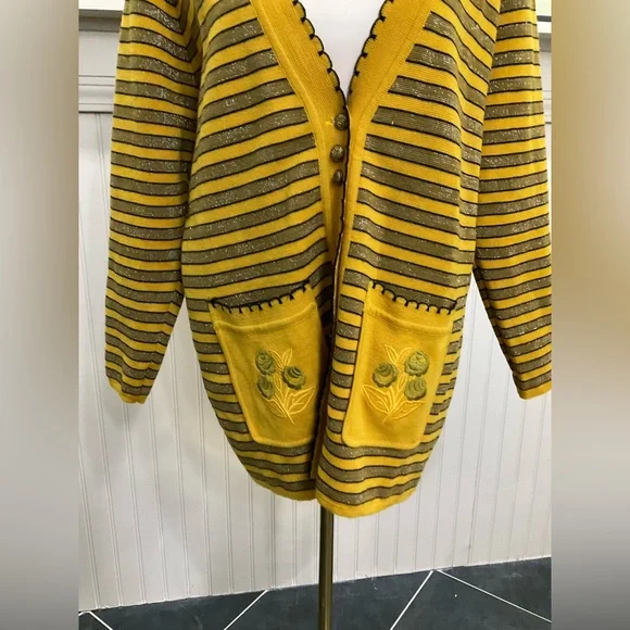 SOLD
Vintage Mustard Striped Wool Cardigan Sweater | Floral Embroidered Pockets - Picture 3 of 7